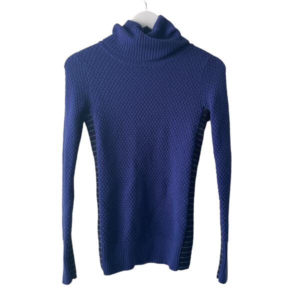 Athleta Blue Turtleneck L/S Sweater w Contrasting Navy Striped Side Trim - XXS - Picture 1 of 9